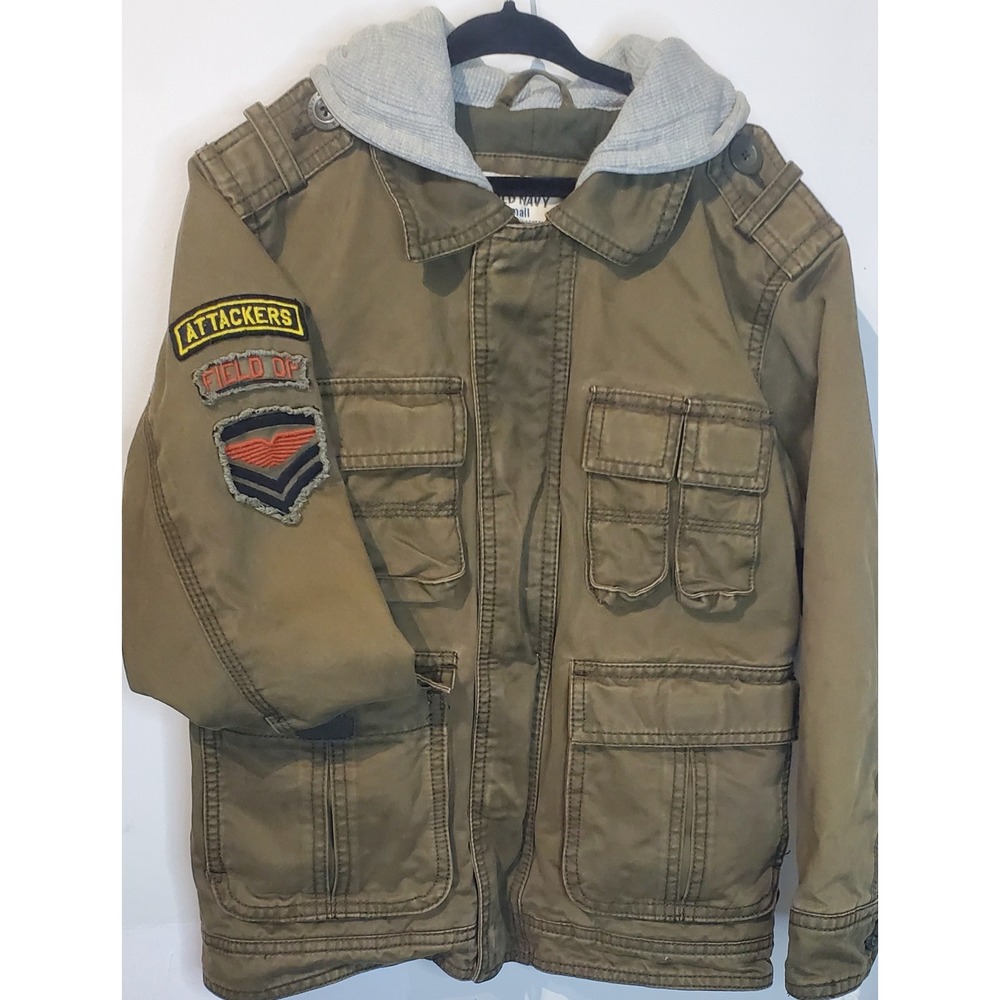 Old Navy Kids Olive Green Military Field Jacket‎ Hooded Patch Utility Coat Small